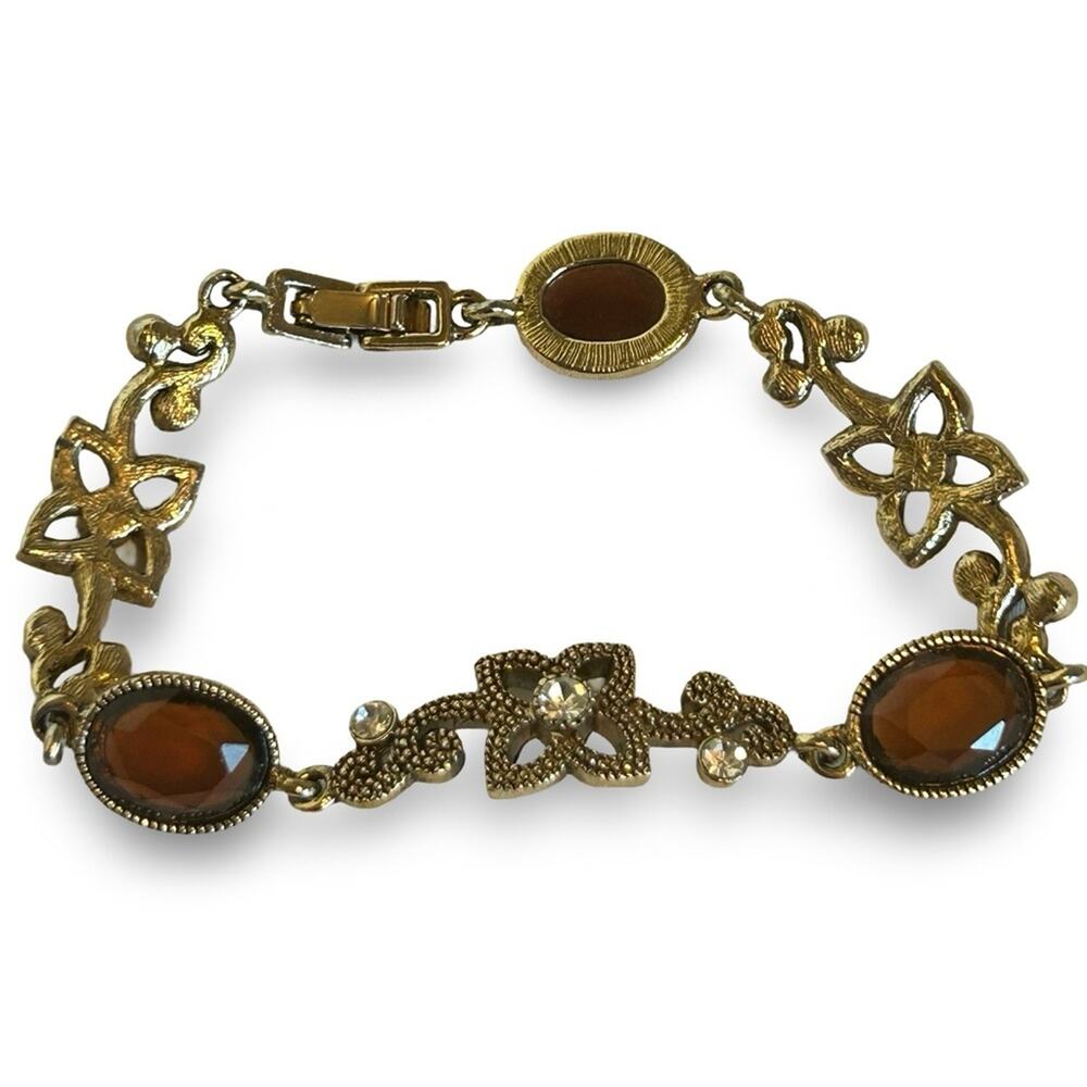 Unbranded Vintage‎ Goldtone Faux Amber Bracelet Floral Filagree Costume Jewelry
